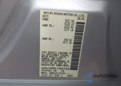 2016 Nissan Altima 2.5/2.5 S/2.5 Sl/2.5 Sr/2.5 Sv из США, поврежденный, VIN 1N4AL3AP8GC260766